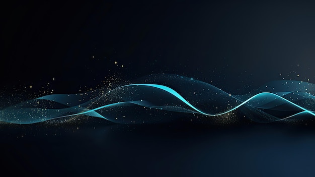 Abstract dark blue background with waves and particles with copy space