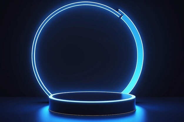 Abstract dark blue cylinder pedestal podium Scifi abstract room concept with glowing neon curve lighting line Vector rendering 3d background Mockup product display Futuristic minimal wall scene