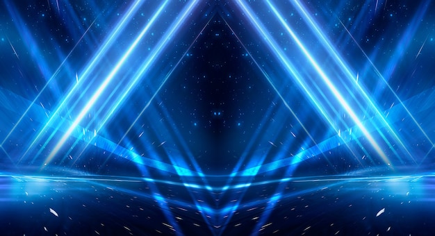 Abstract dark futuristic background Blue neon light rays reflect off the water