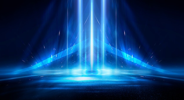 Abstract dark futuristic background Blue neon light rays reflect off the water