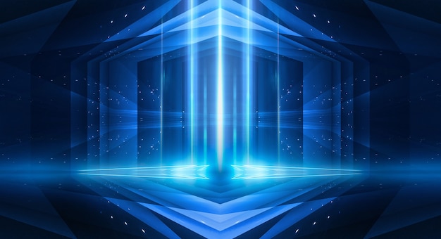 Abstract dark futuristic background Blue neon light rays reflect off the water