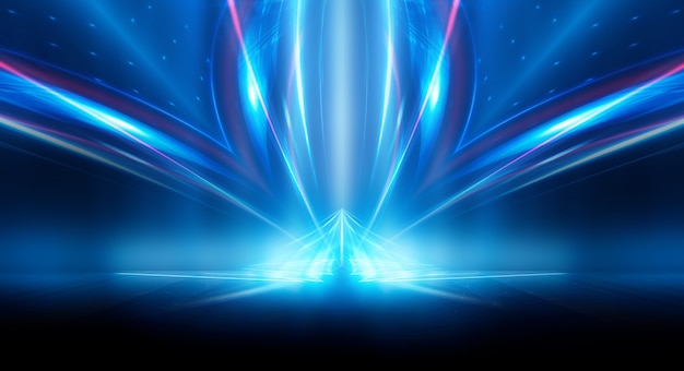 Abstract dark futuristic background Blue neon light rays reflect off the water