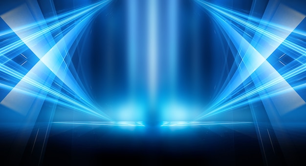 Abstract dark futuristic background Blue neon light rays reflect off the water