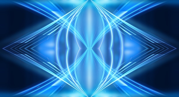 Abstract dark futuristic background Blue neon light rays reflect off the water