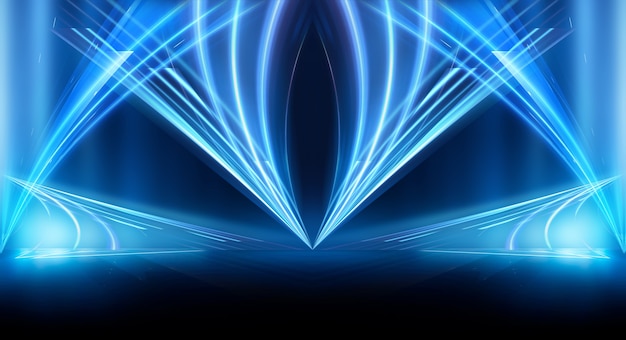 Abstract dark futuristic background Blue neon light rays reflect off the water