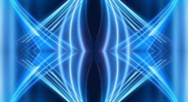 Abstract dark futuristic background Blue neon light rays reflect off the water