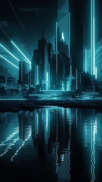 Abstract dark futuristic background blue neon light rays reflect off the water