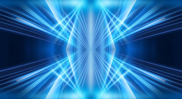 Abstract dark futuristic background Blue neon light rays reflect