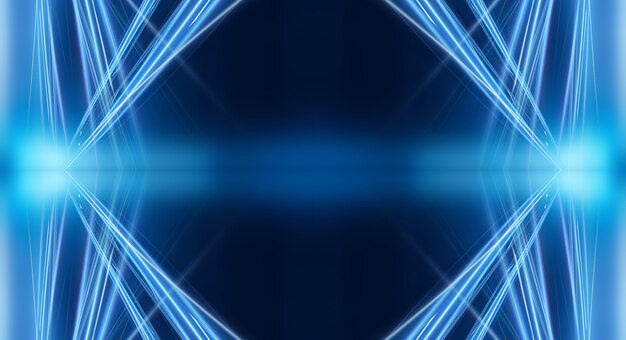 Abstract dark futuristic background Blue neon light rays reflect