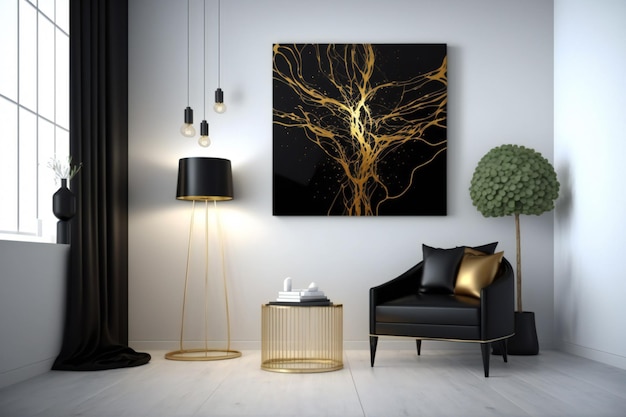 abstract deco in in black and gold design colors on the wall in a interior neural in minimalist styl