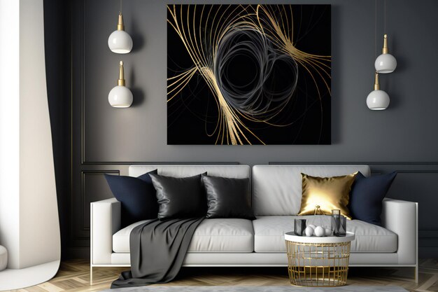 abstract deco in in black and gold design colors on the wall in a interior neural in minimalist styl