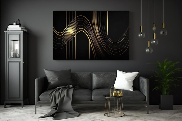 abstract deco in in black and gold design colors on the wall in a interior neural in minimalist styl