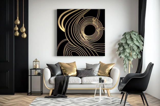 abstract deco in in black and gold design colors on the wall in a interior neural in minimalist styl