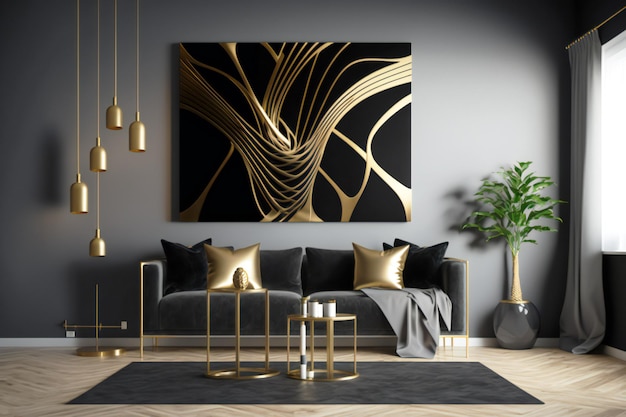 abstract deco in in black and gold design colors on the wall in a interior neural in minimalist styl