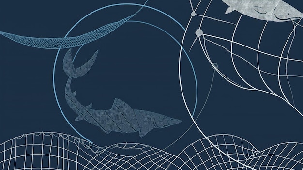 Photo abstract deep sea illustration with whales and sharks on a blue background