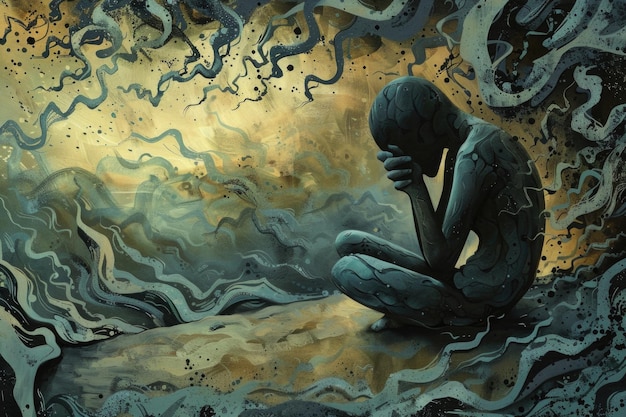 Abstract Depiction of Depression and Mental Struggle in Surreal Artwork