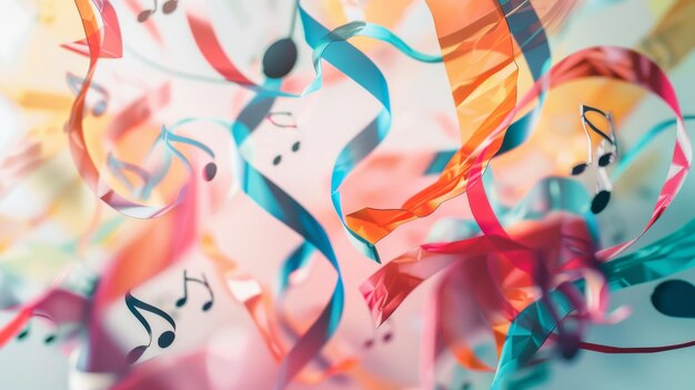 An abstract depiction of music with floating colorful ribbons and musical notes exuding energy and creativity in a dynamic visual symphony