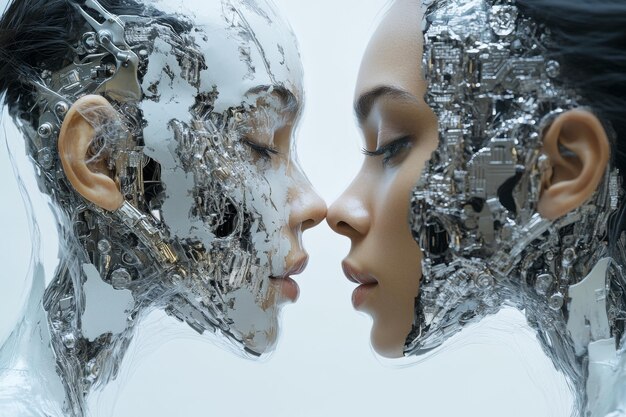 Photo abstract depiction of two human faces partially covered with metallic elements symbolizing the fusi