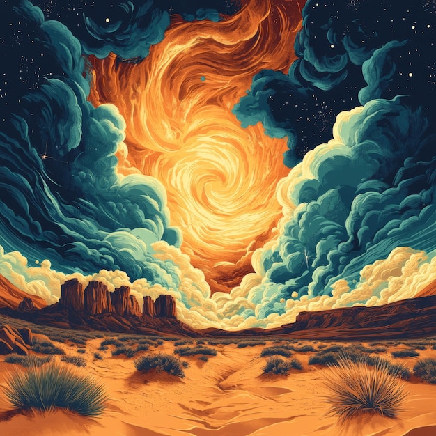 Photo abstract desert landscape with whirlwind clouds and stars