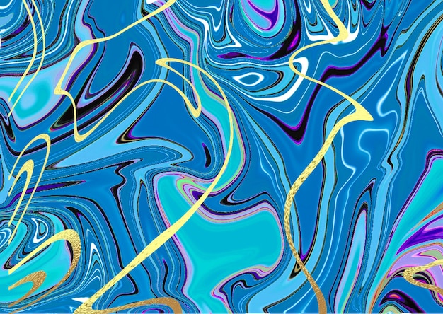 Abstract design, background made in bright colors ink in water. Modern Art. Floating painting technique. Watercolor wallpaper or backdrop for device with waves and curves of blue and yellow.