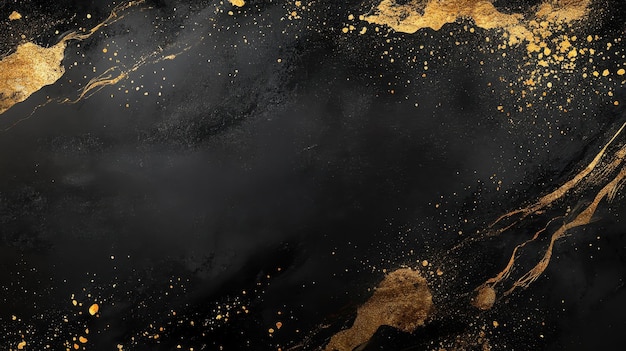 An abstract design featuring a black background with gold splashes and textures