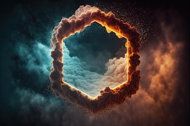 Abstract design of hexagon shape clouds with dying colorful particles explosion