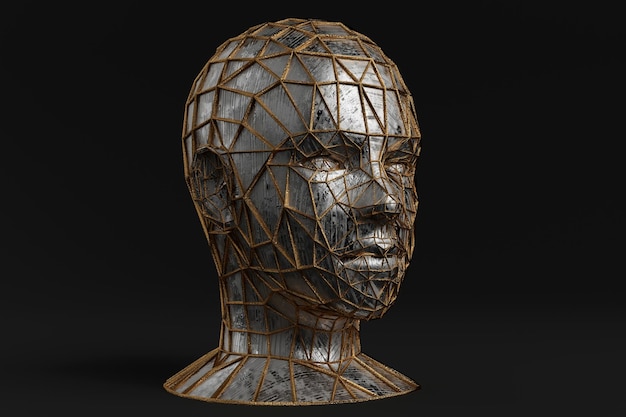 Abstract design of mannequin head 3D Render art metallic texture golden wireframe