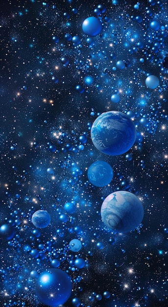 Abstract digital art of blue planets and stars in a cosmic space background