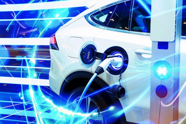 Photo abstract digital art of ev charging with blue energy waves white car on vibrant background