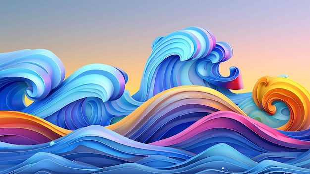 Abstract digital art of ocean waves in vibrant blue orange pink and purple colors