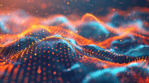 Abstract digital art with glowing orange and blue particles in a wavelike pattern