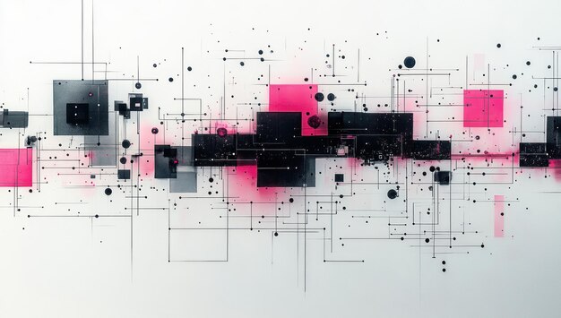 Photo abstract digital art with pink and black squares on a white background