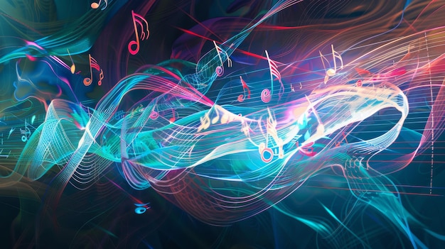 An abstract digital artwork featuring vibrant musical notes intertwined with swirling colorful light trails evoking a sense of motion and harmony