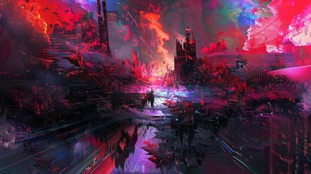 Abstract digital artwork with vibrant neon colors and surreal urban landscape creating a futuristic and dystopian atmosphere