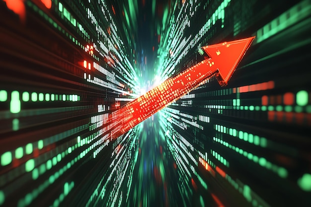 Photo abstract digital background red arrow points upwards against a stock exchange backdrop