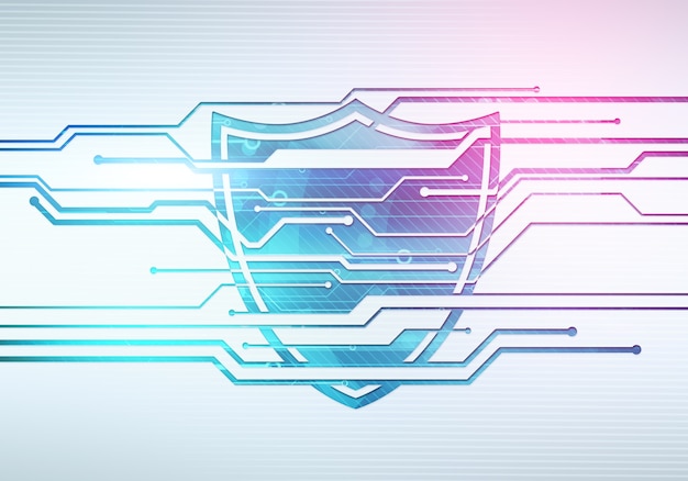 Abstract digital concept illustration of internet data security and safety with shield on circuit microchip wall. 