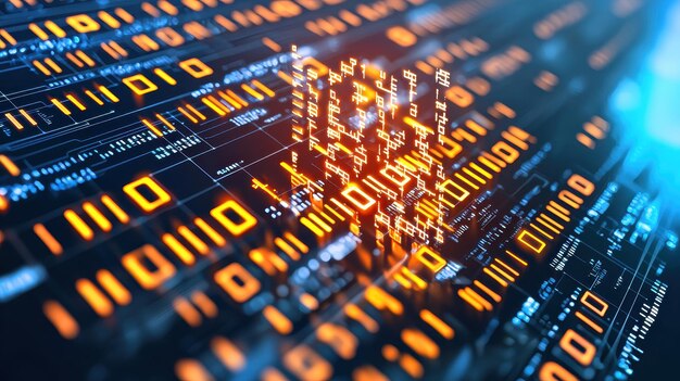 Photo abstract digital data flow with orange glowing binary code