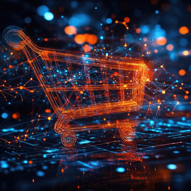 Abstract digital data flowing into a glowing shopping cart icon sleek futuristic Cyber Monday style