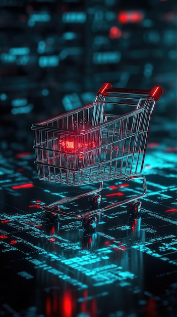 Abstract digital data flowing into a glowing shopping cart icon sleek futuristic Cyber Monday style