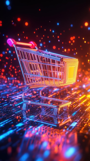 Abstract digital data flowing into a glowing shopping cart icon sleek futuristic Cyber Monday style