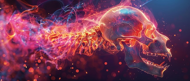 Abstract digital dot fantasy of a fiery animal skull set in a neonlit surreal world glowing