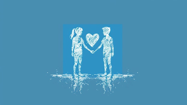 Photo abstract digital drawing of a couple holding hands with heart symbol on blue background love relationship and romance illustration for valentines day cards posters and prints