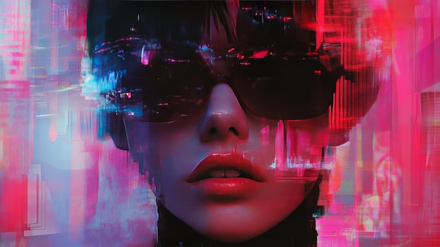 Photo abstract digital glitch art portrait of a woman wearing sunglasses on a pink background