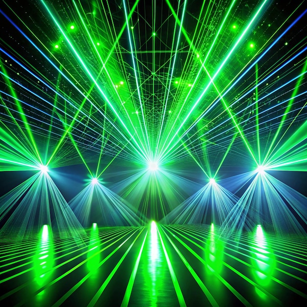 Photo abstract of digital green light laser line disco light show stage lights with laser green laser beams light effect on black background green light beam from lens projector