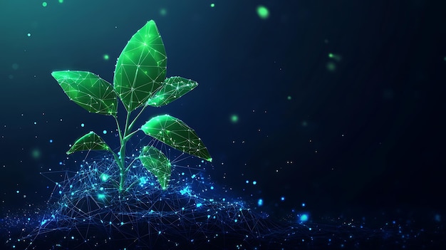 Abstract digital green plant growing on a blue wireframe background