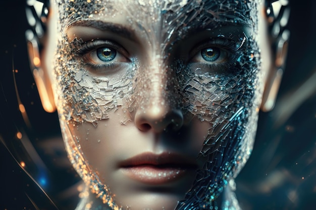 Abstract digital human face Artificial intelligence concept of big data or cyber security AI Generation