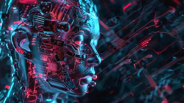 Abstract Digital Human Head with Glowing Circuitry