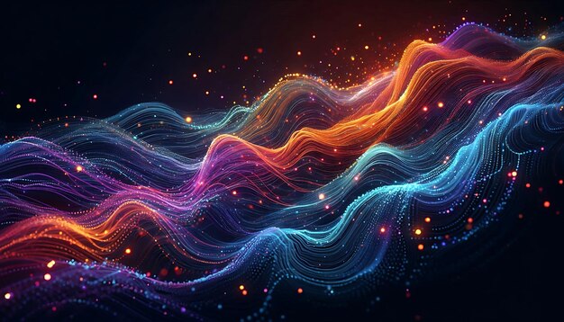 Photo abstract digital illustration featuring flowing waves of vibrant colors orange blue and purple