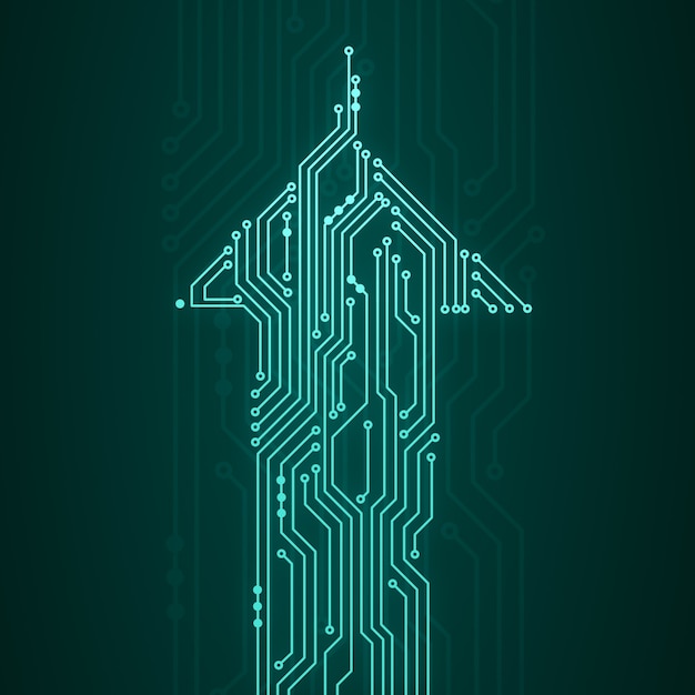 Abstract digital illustration of microchip board in arrow shape moving up on dark green wall. Technology concept image.