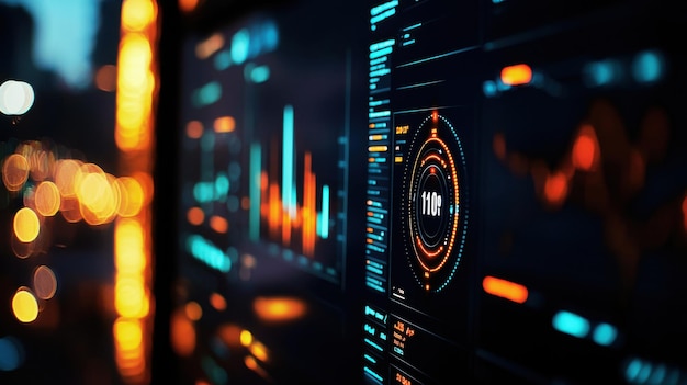 Abstract digital interface with glowing graphs and data visualizations Modern technology and data analysis concept